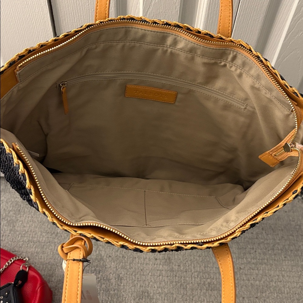 Talbots Navy and Tan Raffia Tote Bag - Picture 2 of 3